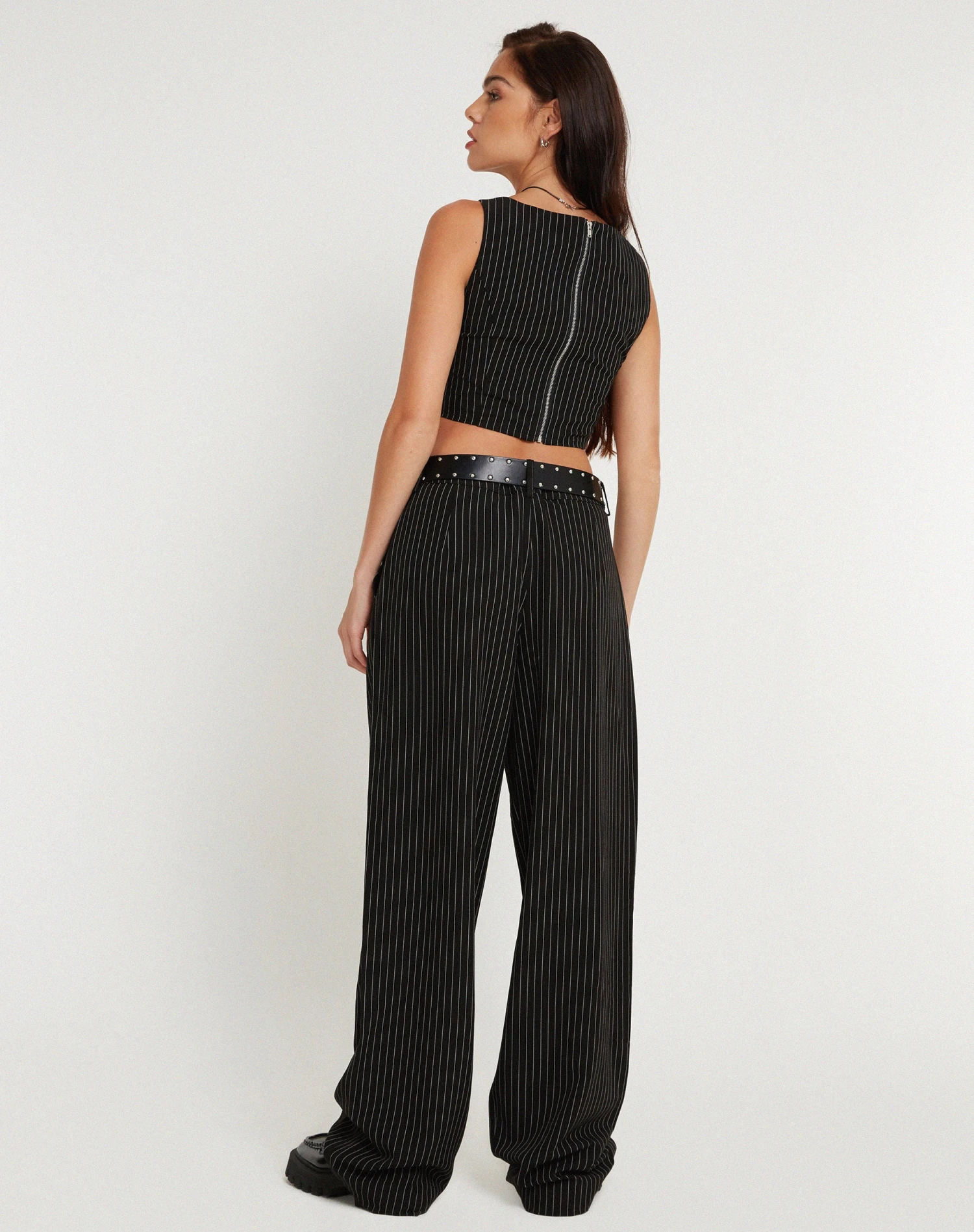 Saskira Wide Leg Trouser In Pinstripe Black - Image 4