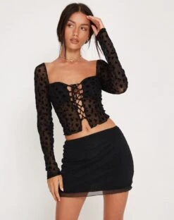 Tura Long Sleeve Crop Top In Flock Mesh Black