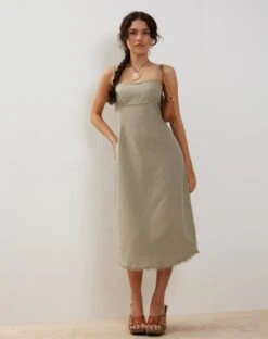 Una Distressed Hem Midi Slip Dress In Slate Green Linen