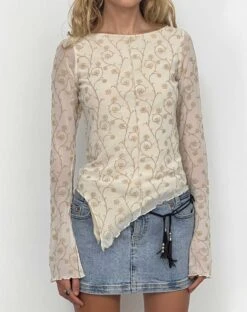 Zest Mesh Long Sleeve Top In Beige With Light Tan Flock